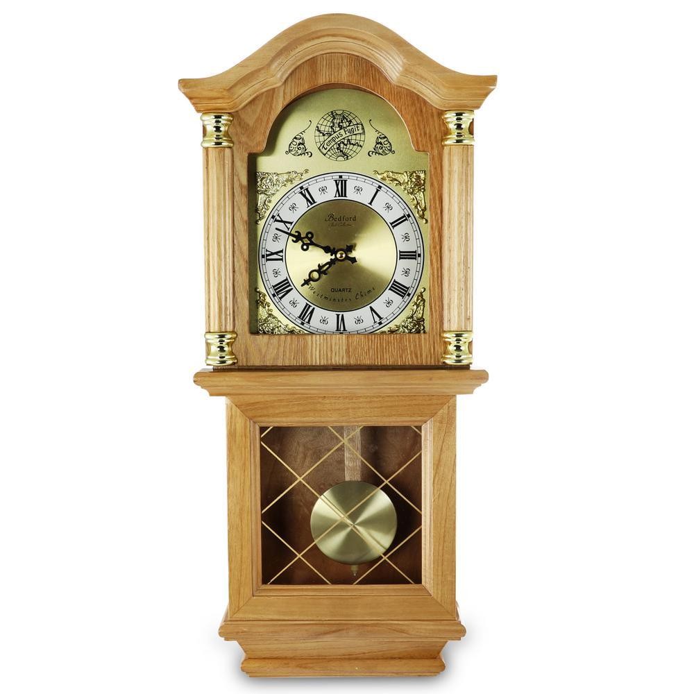 Bedford Clock Collection Wall Clock 26" Golden Oak Roman Numeral Chimes Pendulum