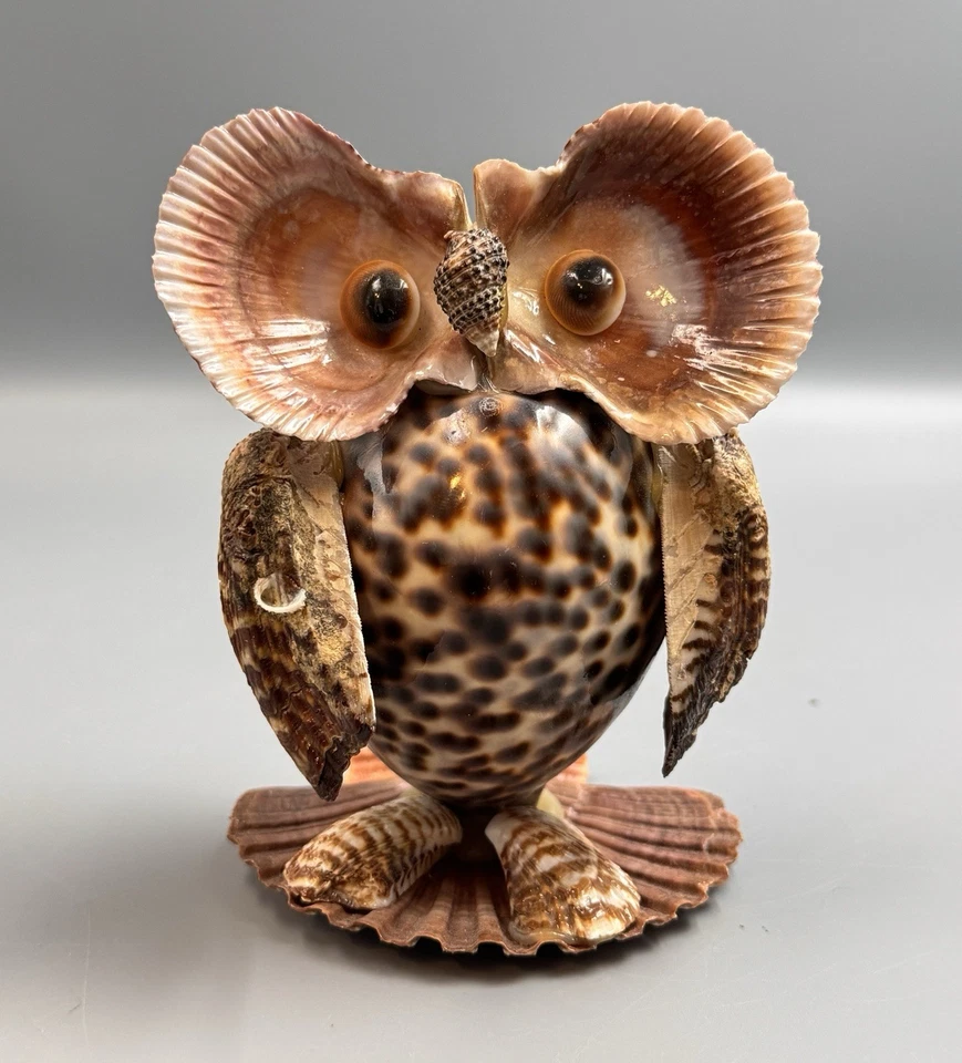 Pair Vintage Sea Shell Owl Art Sculpture Hand Crafted Figurines 4.5” & 3.5” Tall - Image 2 of 4