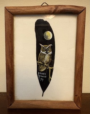 Hand Painted feather Art signed Artist Owl Bird Moon Themed Framed 5.5  X 4 