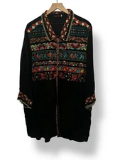 JOHNNY WAS Tunic Blouse Women Size 2X Embroidered Black Cupra Rayon Boho Top
