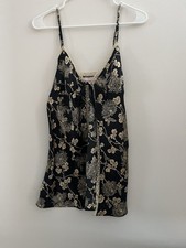 Victoria  s Secret Satin Floral Chemise Slip Black Gold Lace Trim Medium Y2K 2002