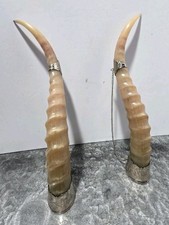 2x Russian Shot Glass Engraved Silver Drinking Cup Horn Antler Matching Pair 2x Russian Shot Glass Engraved Silver Drinking Cup Horn Antler Matching Pair - Image 1