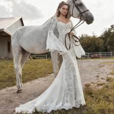 Elegant Mermaid Wedding Dress Boat Neck Flared Sleeves Lace Applique Bridal Gown