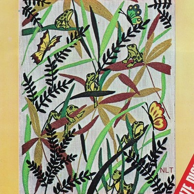 Vintage Crewel Embroidery Kit Frogs Ferns Butterfly Butterflies Nature