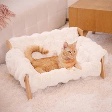 Raised Cat Bed, Elevated Wooden Cat Sofa Fluffy Pets Lounge Chair, off-White