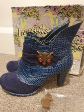Irregular Choice iconic Miaow ankle boots, ladies size 6 in blue, cat decoration