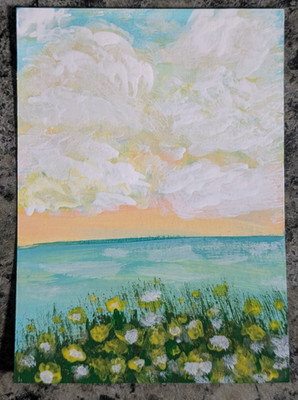 ACEO original Acrylic painting- Sea, Landscape, flowers, Ocean, Clouds, Sky