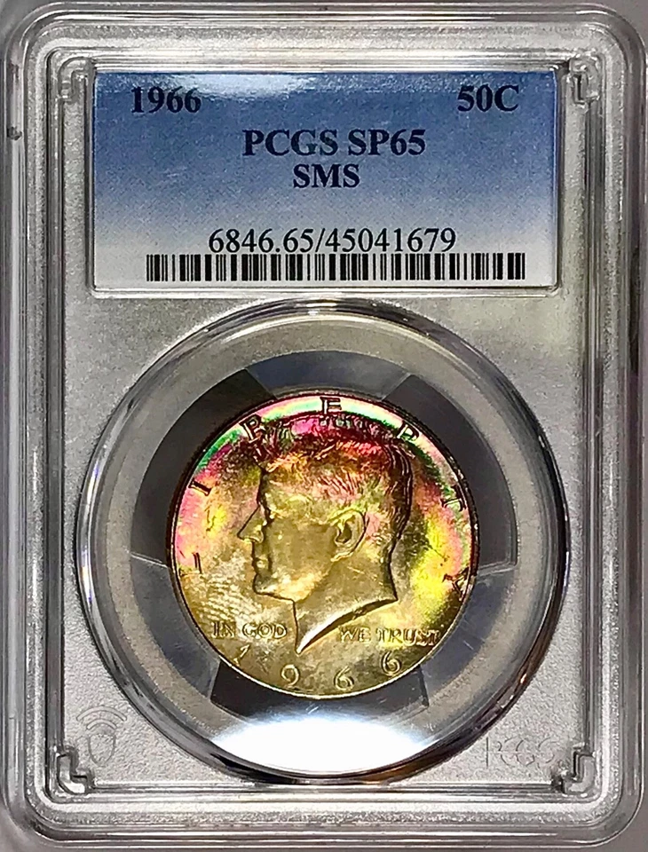 Medio dólar Kennedy 1966 40 % plata graduación profesional SP65 SMS magnífico color tono arco iris Foto 2 de 4