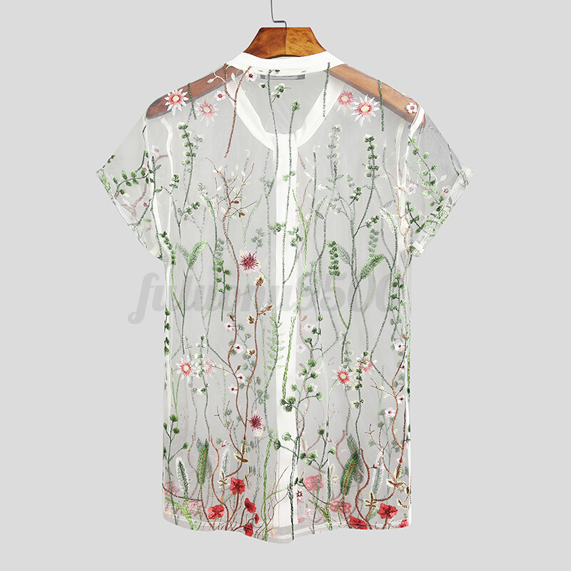 トップス SHEER FLOWER SHORT SLEEVE SHIRTS ZAFUL Men's See Through Sheer Flower Lace Openwork Short