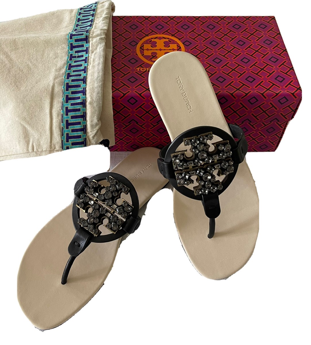 Tory Burch NEW Crystal Miller Leather Sandals Black Spark Gold