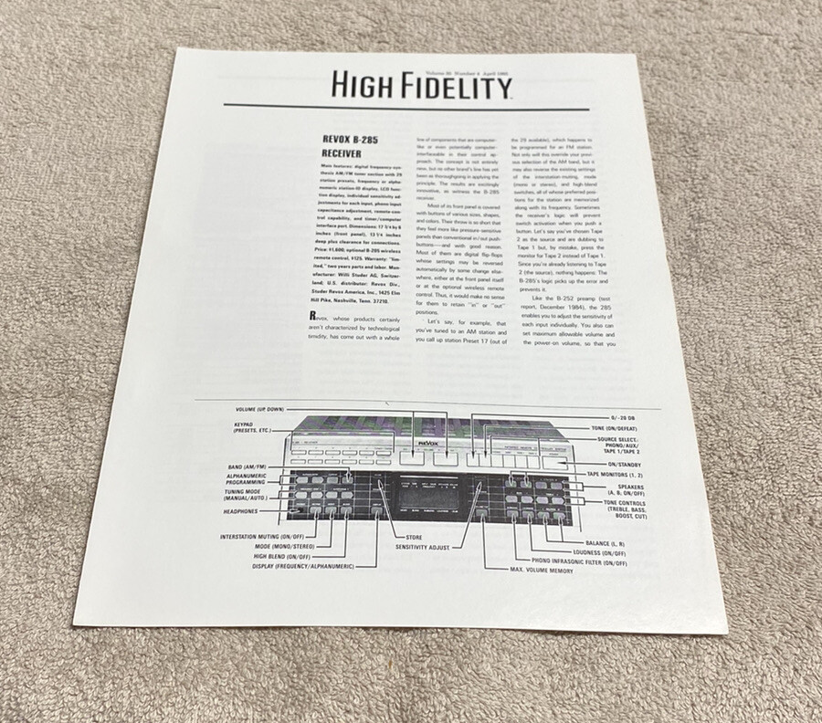 HIGH FIDELITY REVOX B-285 RECEIVER INFORMATION BROCHURE J0149