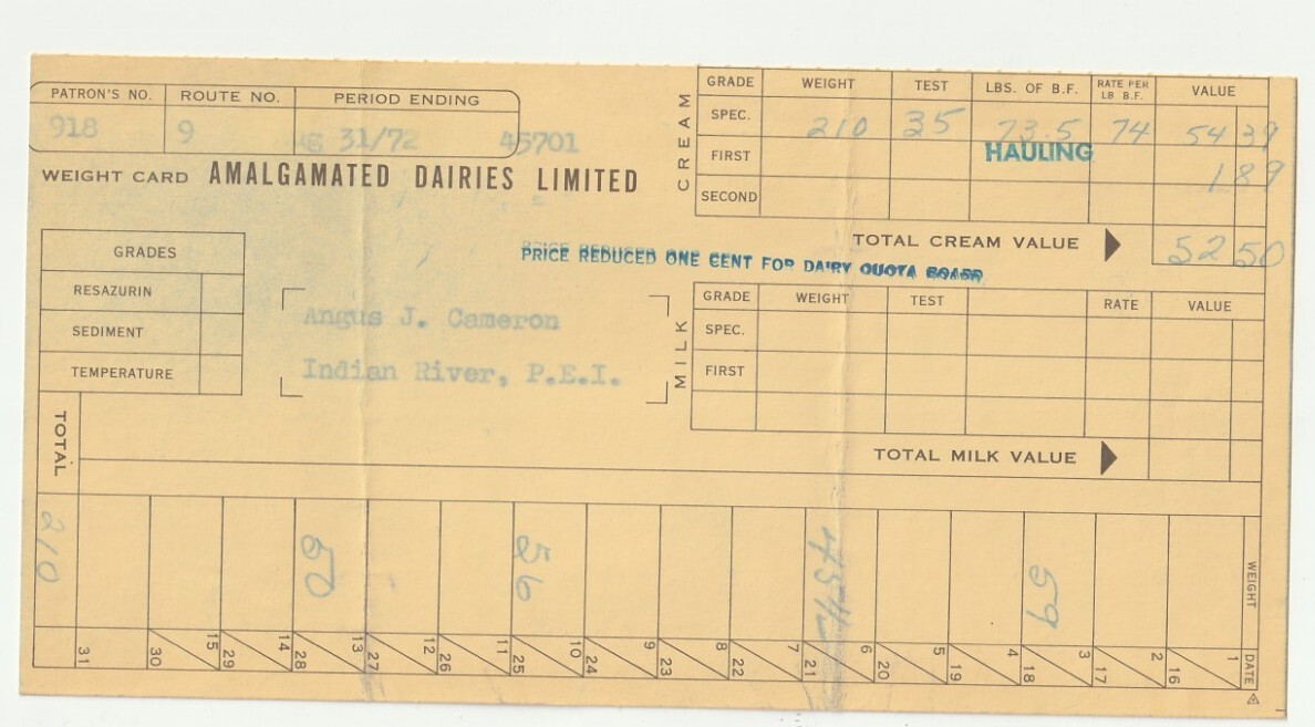 Vtg 1970s Amalgamated Dairies Limited Weight Card Indian River PEI Milk