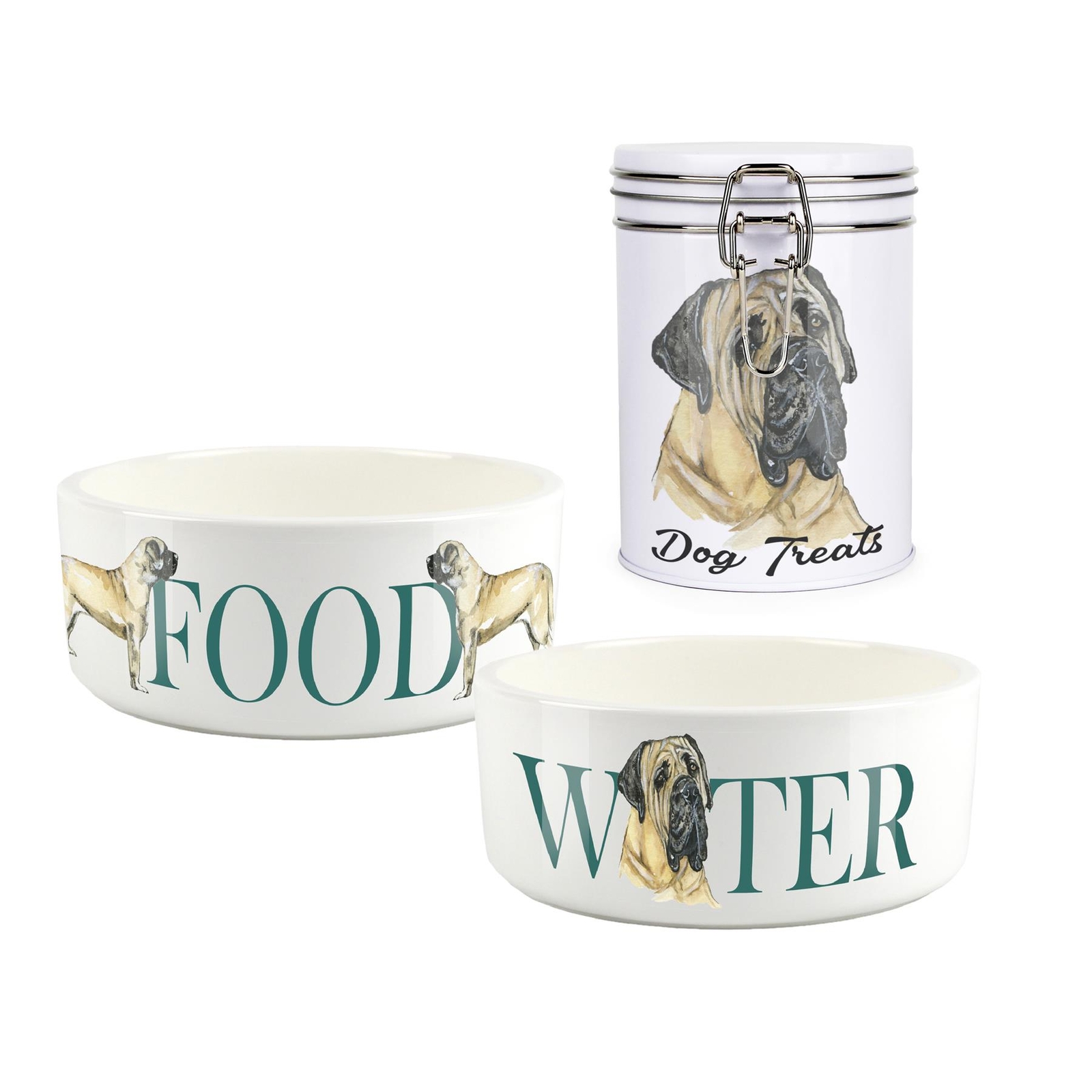 Mastiff Pet Bowls & Treat Canister Set - Food/Water Gifts for Dog Owners