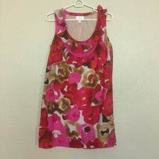Ann Taylor LOFT Pink Floral Cotton Silk Ruffle Neck Sleeveless Shift Dress S