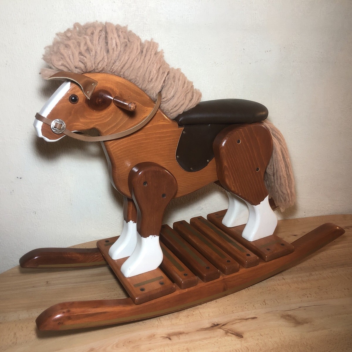 Vintage Benton Wood Children Solid Wooden Rocking Horse Pony Mop Mane Tail  29