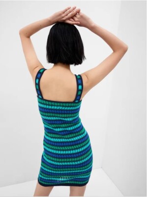 Gap Women Crochet Mini Dress Blue Green Striped Tank Strap Square Neck S M  Tall | eBay