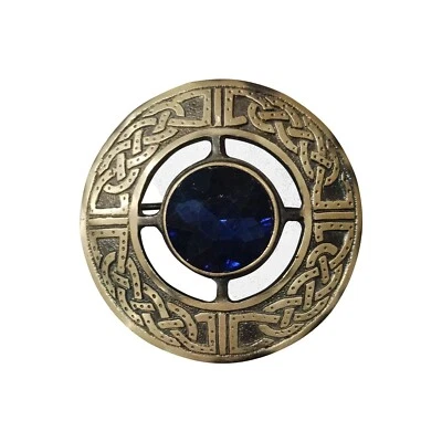 AAR PRODUCTS Scottish Kilt Fly Plaid Brooch Highland Celtic Blue Stone Antique Finish 3" AAR
