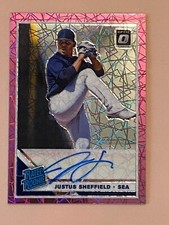 JUSTUS SHEFFIELD AUTOGRAOH ROOKIE PRIZM PURPLE REFRACTOR 2019 OPTIC Mariners
