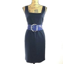 Tahari Dress 4 Navy Blue Square Neck XS WHBM Wide Silver Buckle Purple Belt