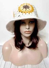 handmade womans crochet sunflower bucket hat brim cream aran yellow