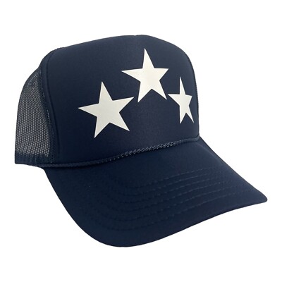 TRIPLE STAR THREE STARS NAVY BLUE WHITE HAT 5 PANEL HIGH CROWN TRUCKER SNAPBACK