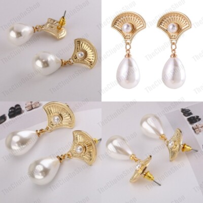 CLIPS/STUDS vintage chic teardrop DROPPER PEARL gold tone