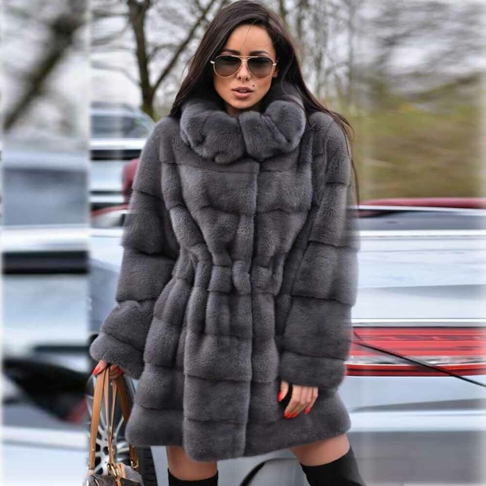 Luxury Women Long Mink Fur Coat Real With Hood Thick Warm Winter Fashion  Natural Mink Fur Jacket With Belt Whole Skin Overcoat