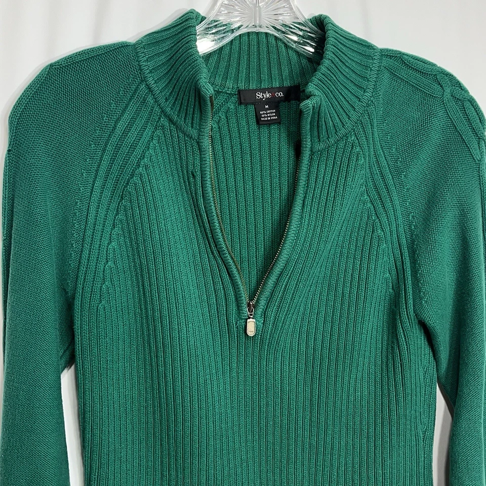 Suéter Style & Co Para Mujer Talla M Verde 1/4 Cremallera Tejido Acanalado Manga Larga Foto 3 de 4