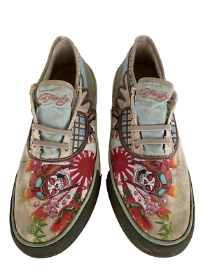 Don Ed Hardy Shoes Womens 8 Brown Skull Slip On Casual Grungy Worn Sneakers  | eBay