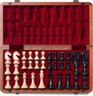 Elegant 15'' Mahogany Chess Set: 3'' Kings & Extra Queens, Includes Storage