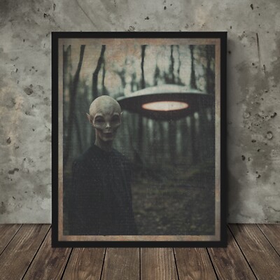 Vintage UFO Alien Nature Wall Art, Sci-fi Halloween Decor, Cryptid Forest Poster