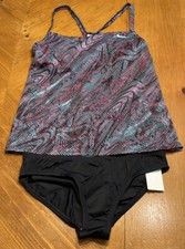 Women  s Nike 2-Piece Tankini Swimsuit Racerback Patterned Blue/Red/Black Small