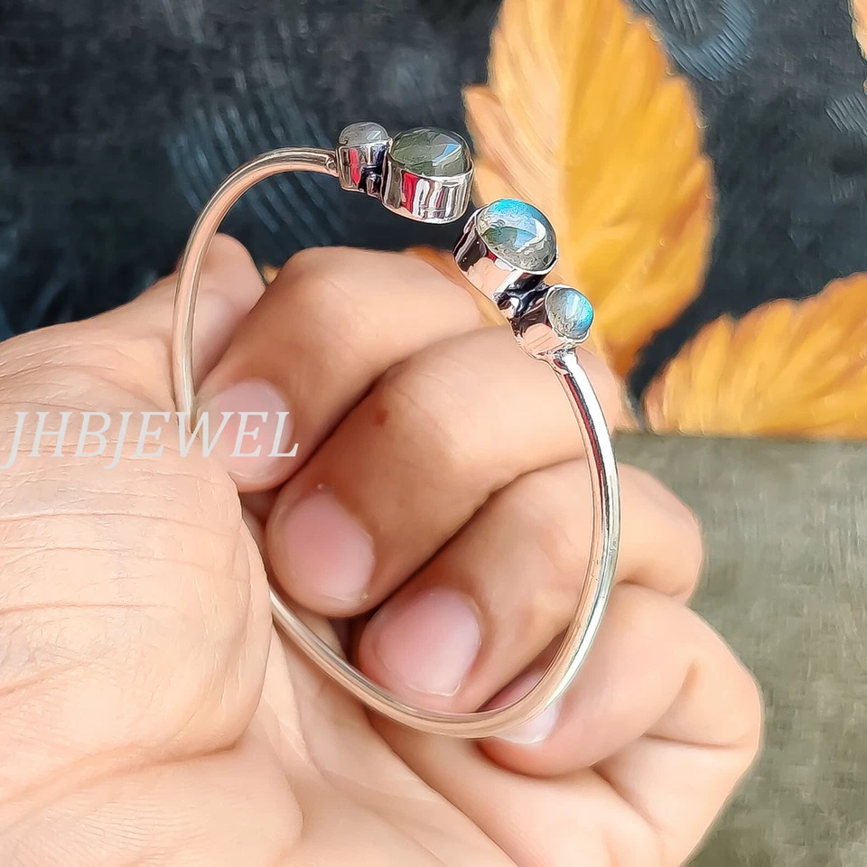 Blue Fire Labradorite Multi Gemstone Cuff 925 Sterling Silver Dainty Bracelet - Image 4 of 4