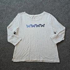 Talbots Top Shirt Women Large Blue Striped Butterfly 3/4 Sleeve Stretch Casual