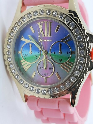 Geneva Ladies Pink Watch Crystal Rhinestone Gold Roman Pink  display picture 3