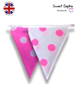 HANDGEMACHTE STOFF ROSA UND WEISSE GEPUNKTETE WIMPELKETTE 10 DOPPELSEITIGE FAHNEN (6''x7'')