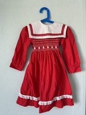 Vintage Polly Flinders Girls Hand Smocked Dress In Red Size 5