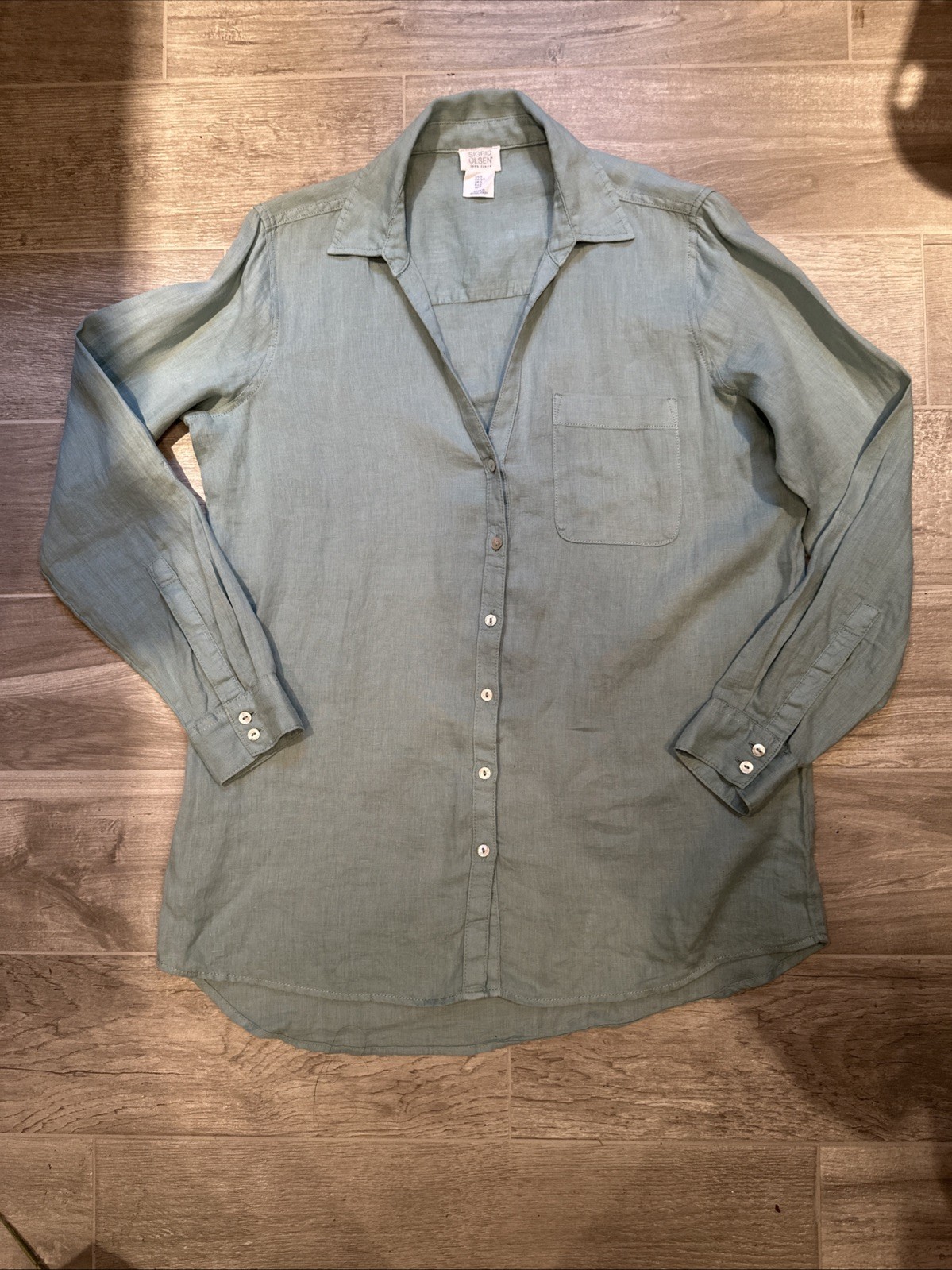 Sigrid Olsen 100% Linen Button Up Shirt Size S Aqua Green Collared V Neck