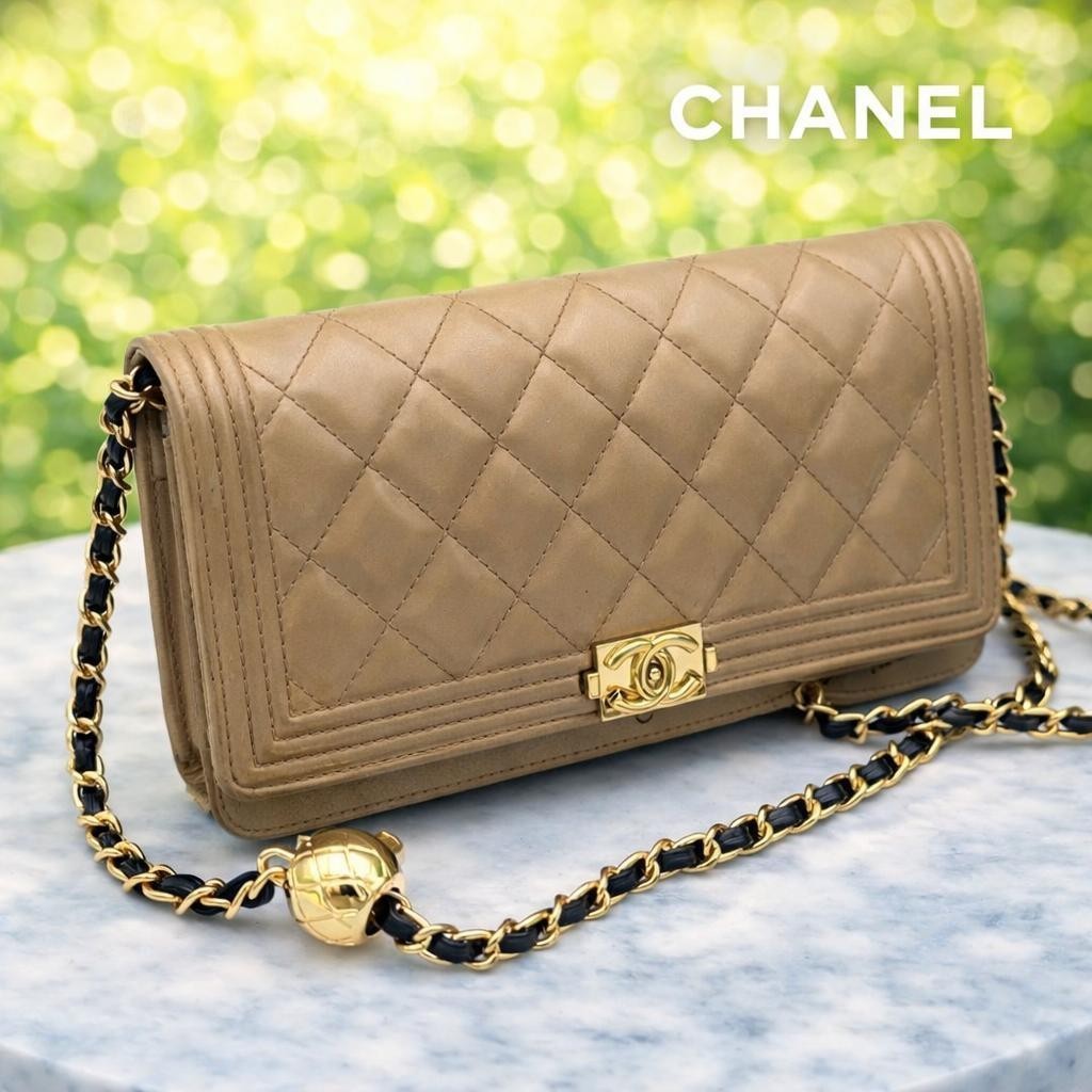 Authentic CHANEL Boy Chanel Matelasse Chain Wallet Beige Pat