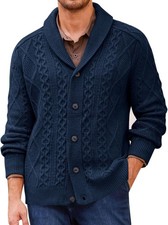Mens Chunky Cardigan Sweater Shawl Collar Cable Knit Button Down Warm Winter Out
