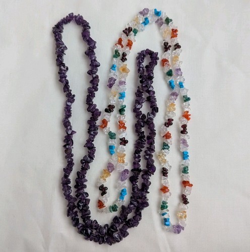 2 Mixed Semi Precious Stone Bead Single Strand 16" Necklace Amethyst Quartz