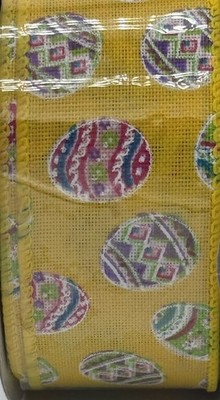 Golden Yellow  w/ Multicolor Easter Eggs Wire Edge Ribbon 1.5 X 10 Yd