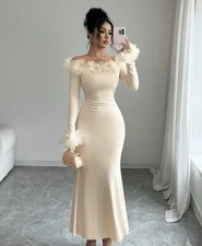 Ivory Off-Shoulder Feather Trim Maxi Dress (Elegant Mermaid)
