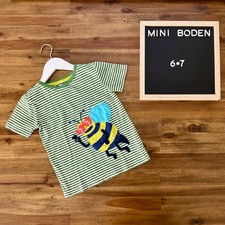 Mini Boden Green Striped Bumble Bee Appliqu  Tee Shirt 6-7 Cotton Knit Boys