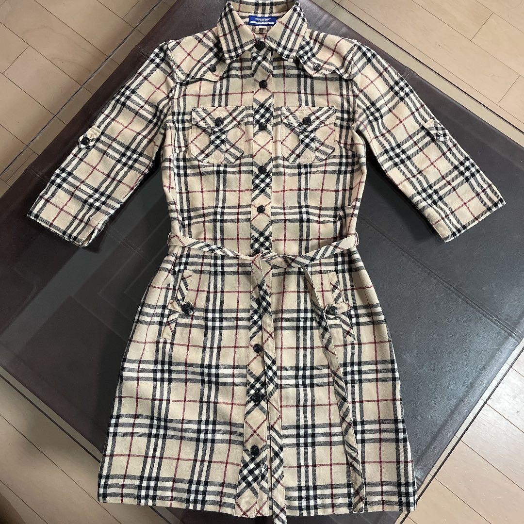 Burberry Blue Label Nova Plaid Shirt Short mini  Dress Beige FMF08 Siz 36