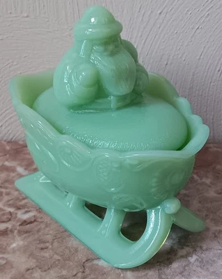 New ListingSanta on Sleigh Candy Dish - Christmas Holiday - Jade Jadeite Glass - Mosser USA