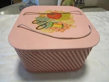 Vintage Princess Pink Wicker & Wood 11” Square sewing basket Floral Decal 1940's