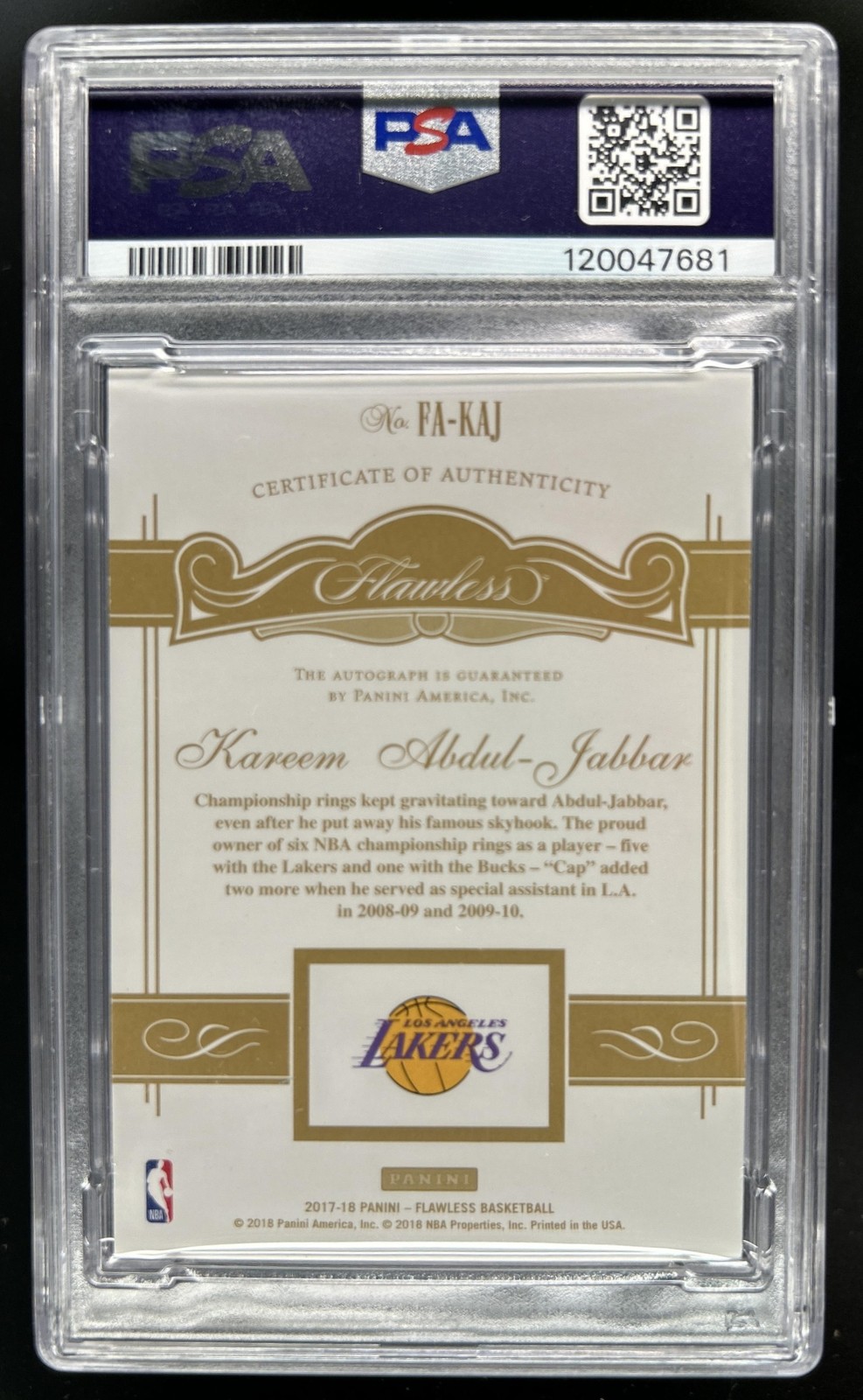 2017-18 Flawless Kareem Abdul-Jabbar Auto Platinum #1/1 PSA Authentic Auto 10 view 2