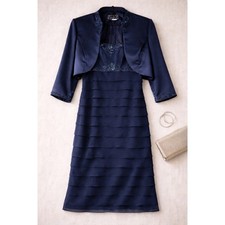 Alex Evenings Navy Beaded Dress Jacket Set 12 MOB Wedding Formal Chiffon Gown Sz