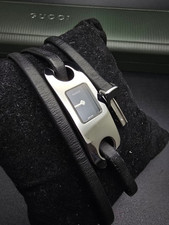 GUCCI 6100L Black Leather Bracelet Watch Battery Changed Polished From Japan F/S